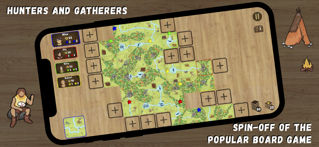 Hunters and gatherers - Captura de pantalla del juego de mesa digital Cazadores y Recolectores en un dispositivo móvil.