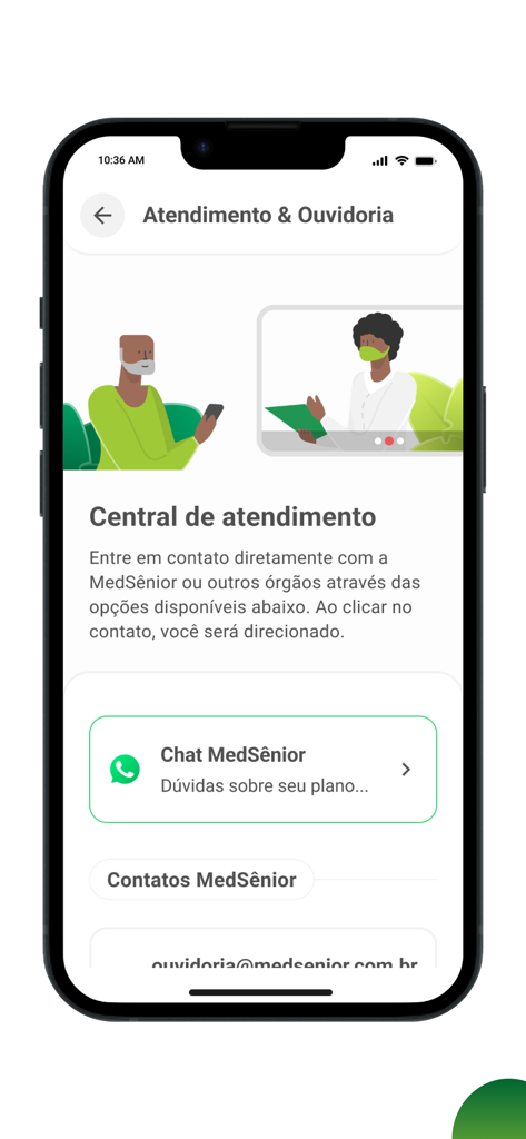 MedSênior-App-Kundendienstbildschirm mit Optionen für WhatsApp-Chat und Kontaktinformationen