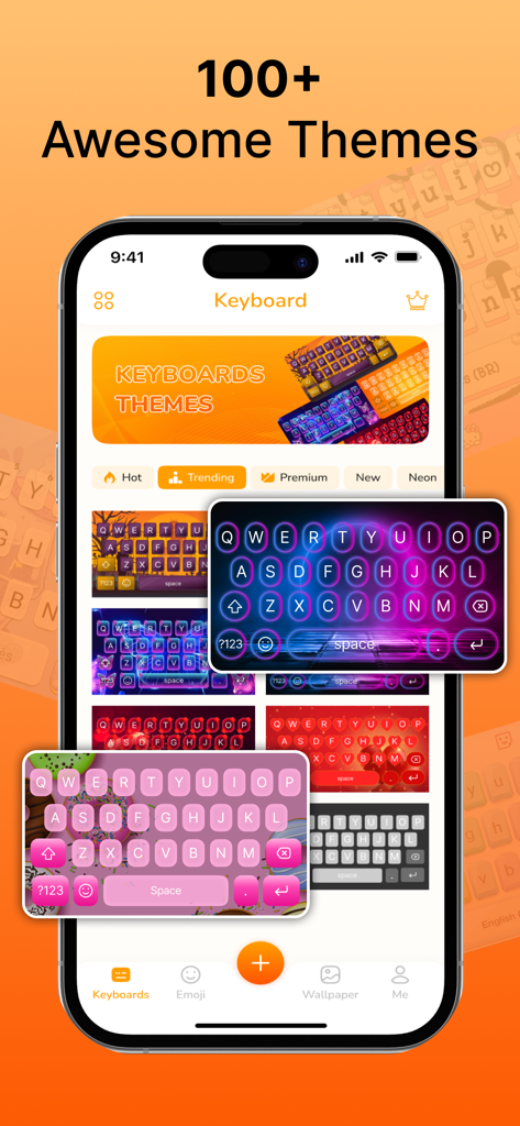 A mobile app interface showcasing a variety of neon and colorful keyboard themes for customization