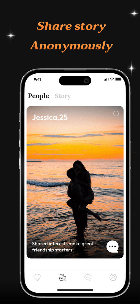 Echo mobile App-Oberfläche, die ein Benutzerprofil und die Option zum anonymen Teilen von Geschichten zeigt