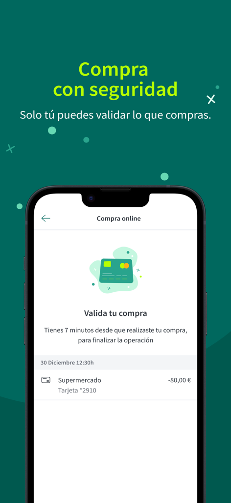 Pantalla de la aplicación de banca móvil Ruralvia que muestra una validación segura de transacción para una compra en línea.