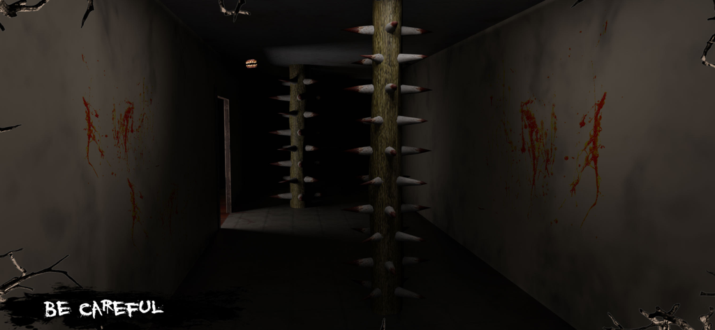 Scary Granny Nun Game 2019 - A dark corridor with spiked wooden traps and blood splatters on the walls in a horror game.