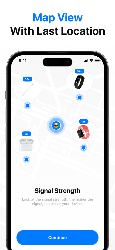 Tag Tracker & Pods Air Finder - Mobile app map interface showing the last known locations and distances of lost Bluetooth devices like AirPods and Apple Watch