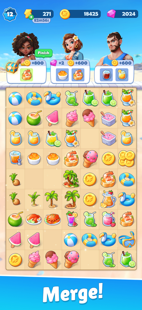 Gameplay screenshot of Tasty Travels Merge Game showing a grid of tropical items and customer orders on a sunny beach background