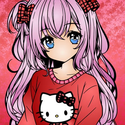 anime girl with shoulder length hair wearing a hello kitty shirt
