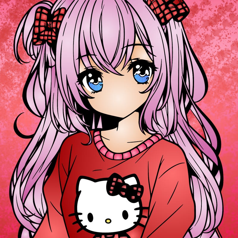 anime girl with shoulder length hair wearing a hello kitty shirt