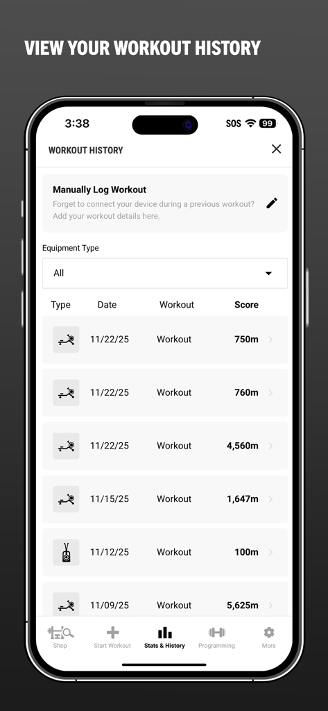 Rogue App - Écran d'historique d'entraînement de l'App Rogue montrant une liste des sessions passées avec les dates et les scores de performance