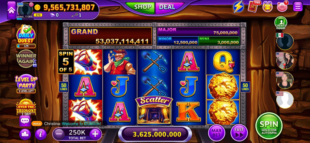 Clubillion: Vegas Casino Slots - Un juego de máquina tragamonedas con temática de minería de oro en Clubillion Vegas Casino Slots.