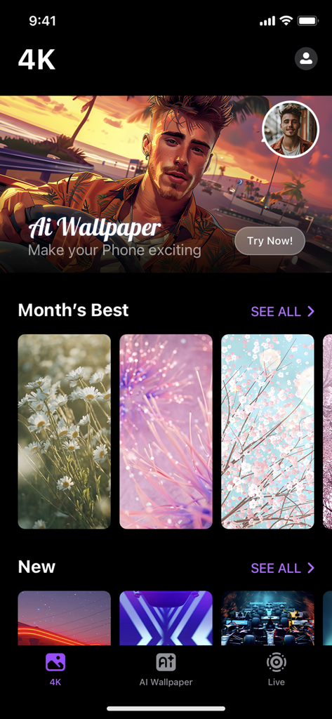 Wallpaper X – 4K HD wallpapers - Interfaz de la aplicación Wallpaper X que muestra categorías para fondos de pantalla 4K e IA