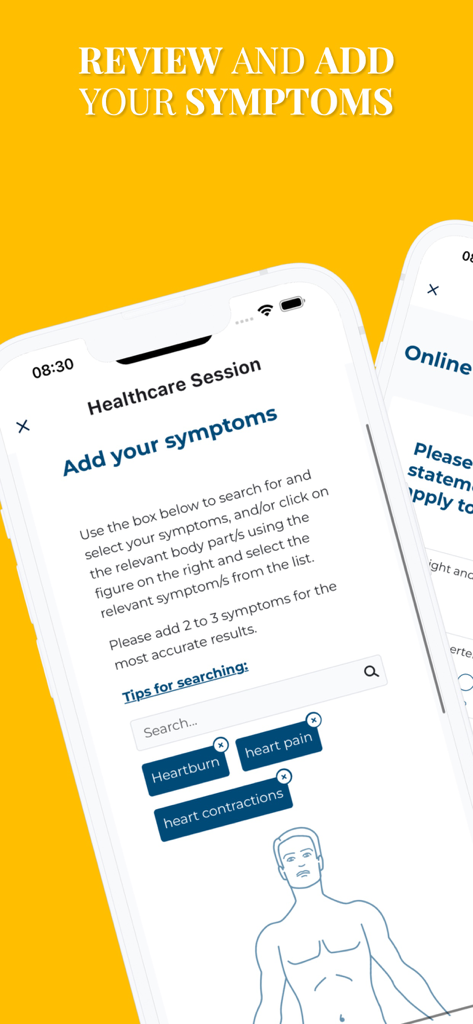 Umvuzo Health Care - Umvuzo Health Care app interface showing the symptom checker screen where users can search and select health symptoms.