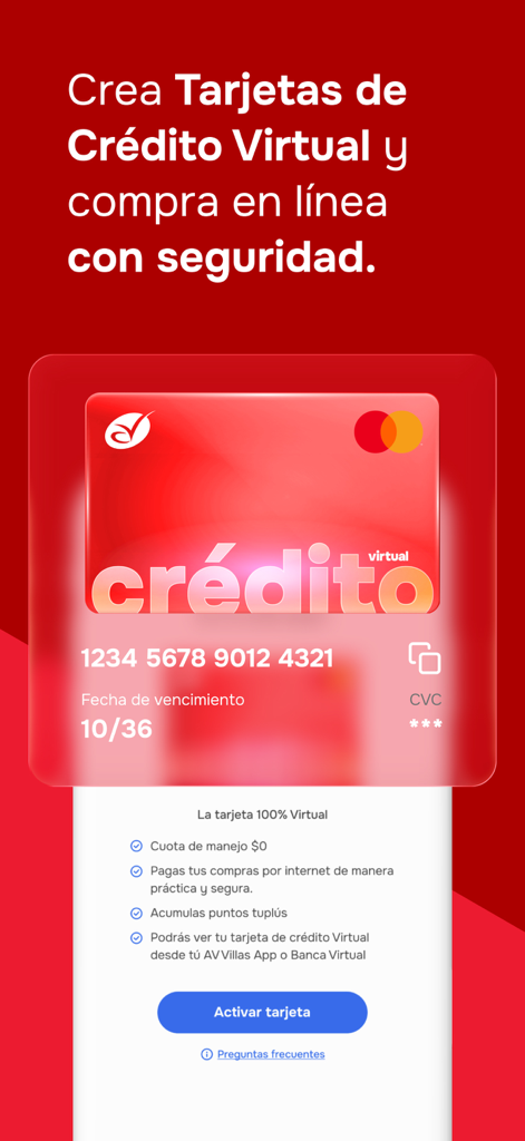 AV Villas App - Interface de l'application AV Villas montrant la création et la gestion d'une carte de crédit 100 % virtuelle pour des achats en ligne sécurisés.
