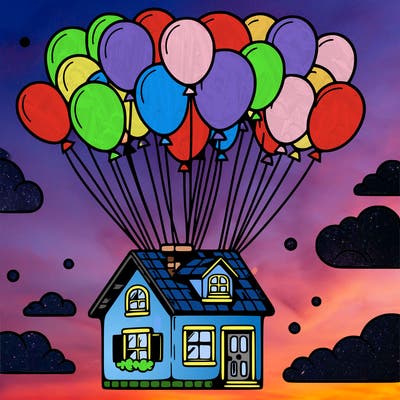 house floating from lots of balloons