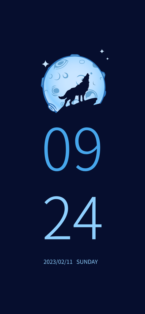Clock Pocket:standby widget - Digital clock display with a blue wolf howling at the moon aesthetic theme