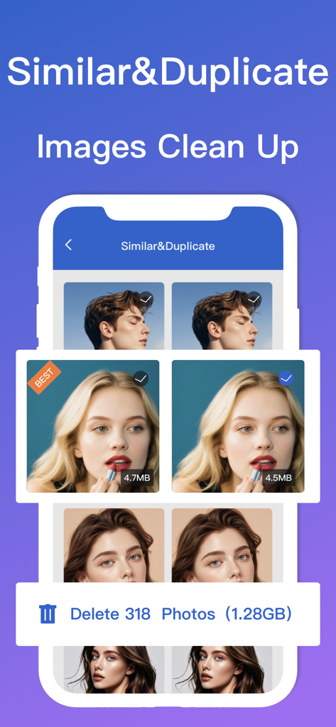 Phone Cleaner-Storage Clean up - Interfaz de la aplicación Phone Cleaner para identificar y eliminar fotos similares o duplicadas para ahorrar espacio de almacenamiento
