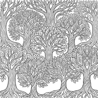 Explore the beauty of nature with this captivating coloring page featuring an intricate tapestry of trees and their sprawling branches. Perfect for unwinding, it offers a meditative journey through organic patterns and botanical details.