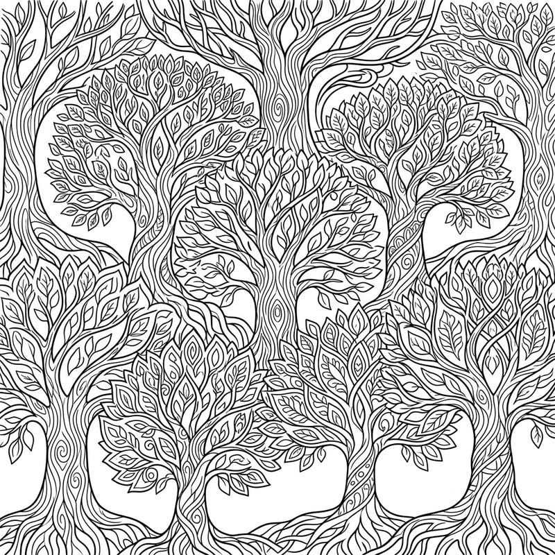 Explore the beauty of nature with this captivating coloring page featuring an intricate tapestry of trees and their sprawling branches. Perfect for unwinding, it offers a meditative journey through organic patterns and botanical details.