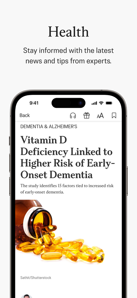 The Epoch Times app health section showing an article about Vitamin D deficiency and dementia risk.