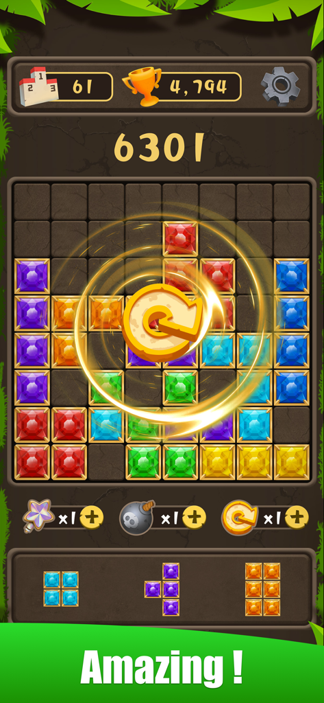 Blokus - Block Puzzle Game - ブロクスは、カラフルな宝石ブロックで満たされたグリッドとリフレッシュ パワーアップ効果を示すジェム ブロック パズル ゲームプレイを表示します。