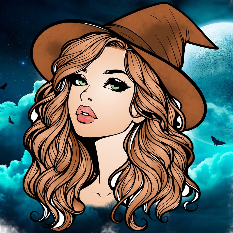 realistic witch girl with wavy hair and lips