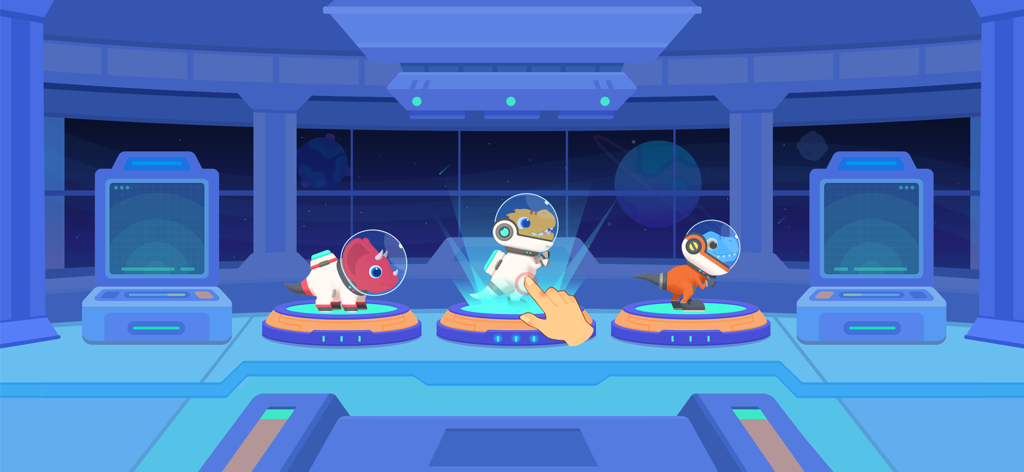 Dinosaur Rocket Games for kids - Three cute dinosaurs in space suits on a spaceship selection screen