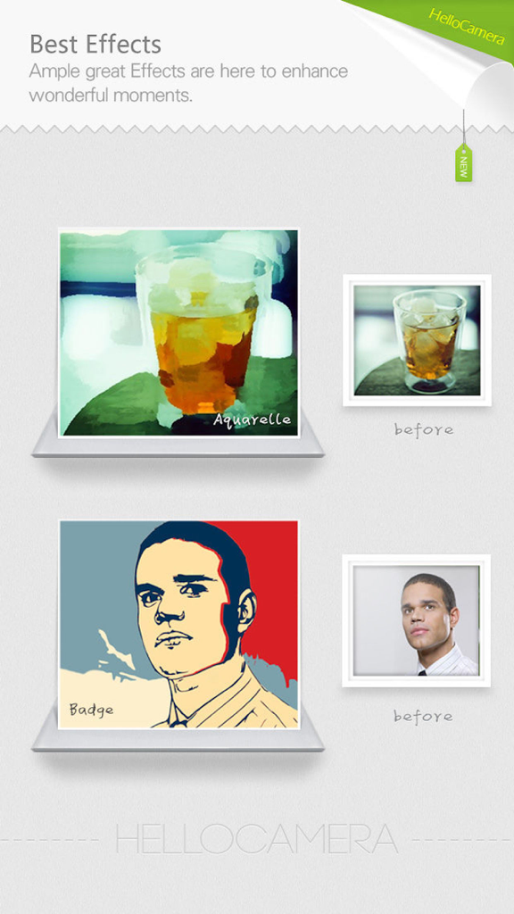 Before and after comparison of artistic photo effects in the HelloCamera app