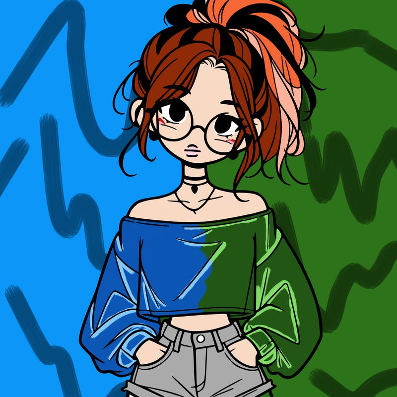 girl with a messy ponytail glasses a baggy crop top and jean shorts