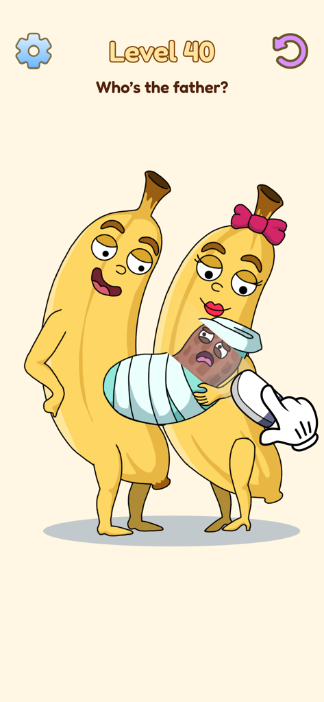 두 개의 바나나 캐릭터가 풀어나갈 미스터리가 있는 아기를 안고 있는 두뇌 티저 퍼즐 레벨을 보여줍니다.