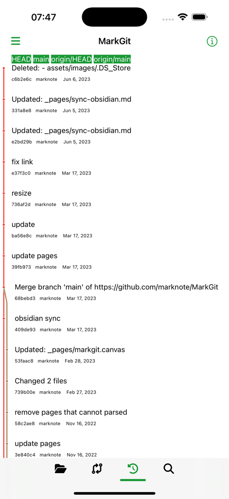 MarkGitアプリのインターフェース。コミット履歴とリポジトリのブランチ詳細を表示しています。