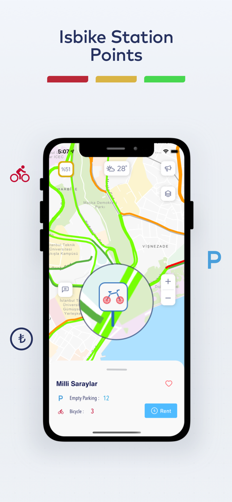IBB CepTrafik app interface displaying Isbike station points and bike rental availability on a map of Istanbul