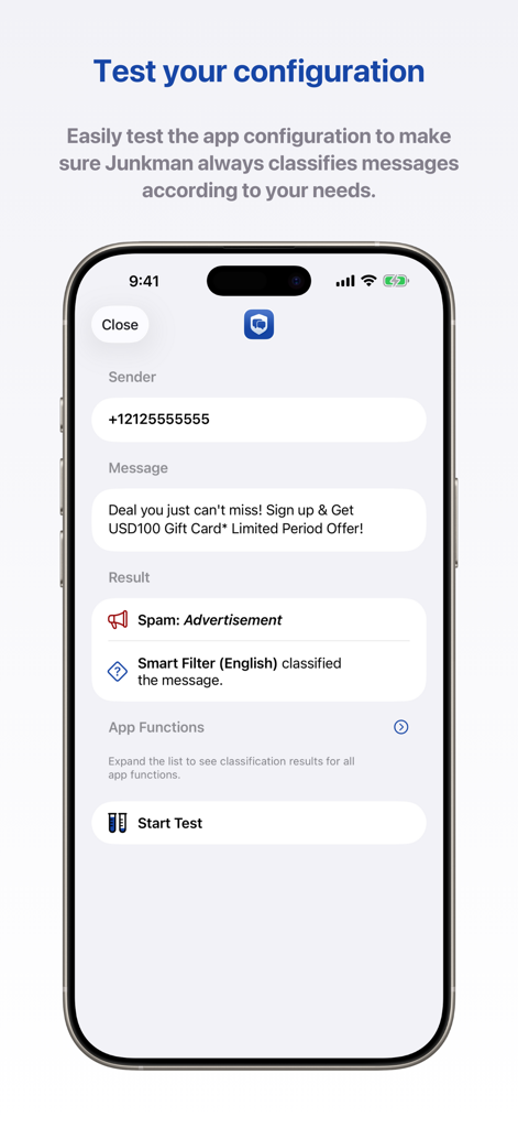 Junkman: AI Spam SMS Blocker - Interface of Junkman app showing a configuration test where a spam gift card message is correctly identified as an advertisement by the AI filter.