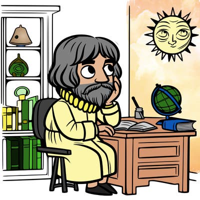 copernicus in his office contemplating about the sun and the earth