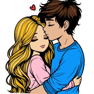 a realistic couple boy and girl hugging and kissing