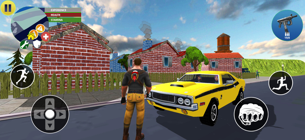 Real Gangster Vegas Mafia City - Gameplay of Real Gangster Vegas Mafia City showing a character standing next to a yellow muscle car on a residential street