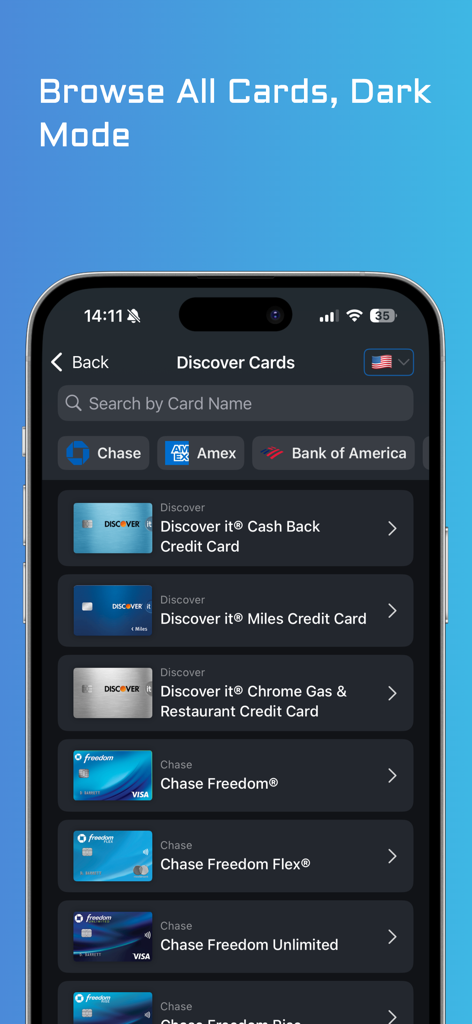 RewardRadar: Credit Cards - RewardRadar app showing a search and browse interface for various credit cards in dark mode.