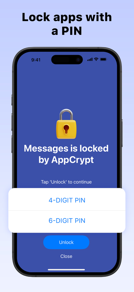 AppCrypt interface showing a smartphone screen locking the Messages app with options for a 4-digit or 6-digit PIN