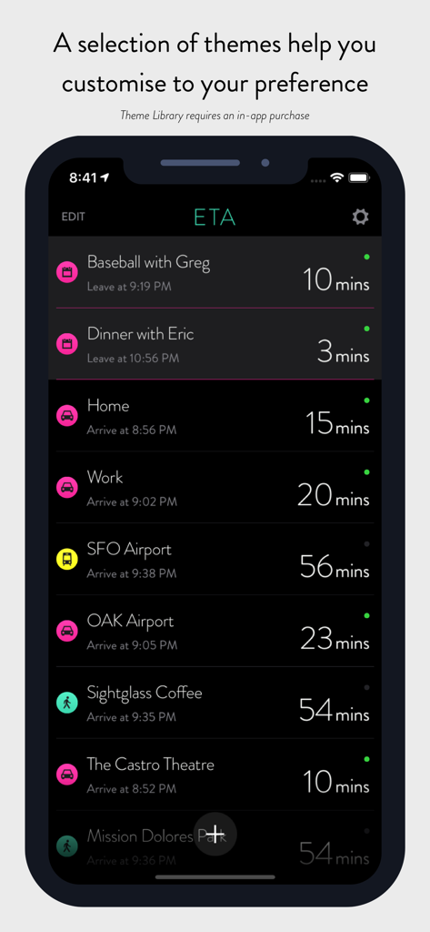 ETA app interface showing travel times to destinations and calendar events