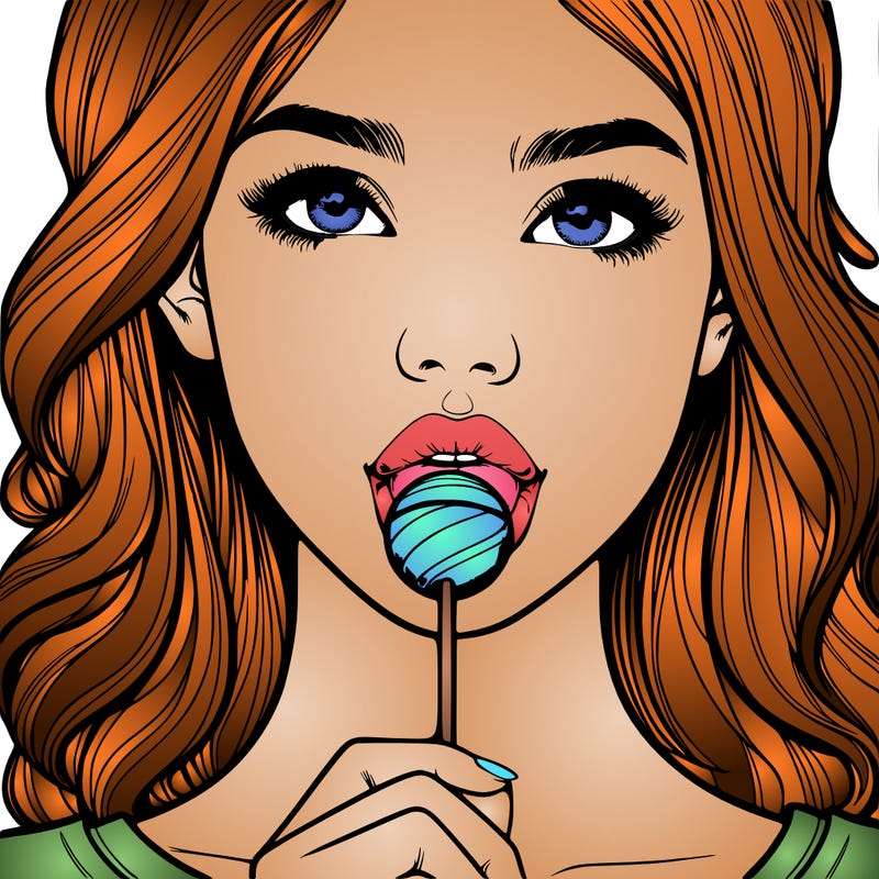 a realistic girl with a lollipop in her mouth