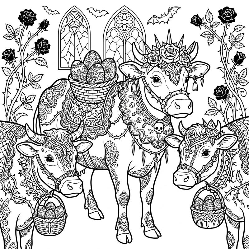 Discover a truly unique coloring experience with our Gothic Easter Dairy Cows template, blending intricate designs with festive charm. This detailed page offers a captivating challenge for adult colorists seeking a creative escape.