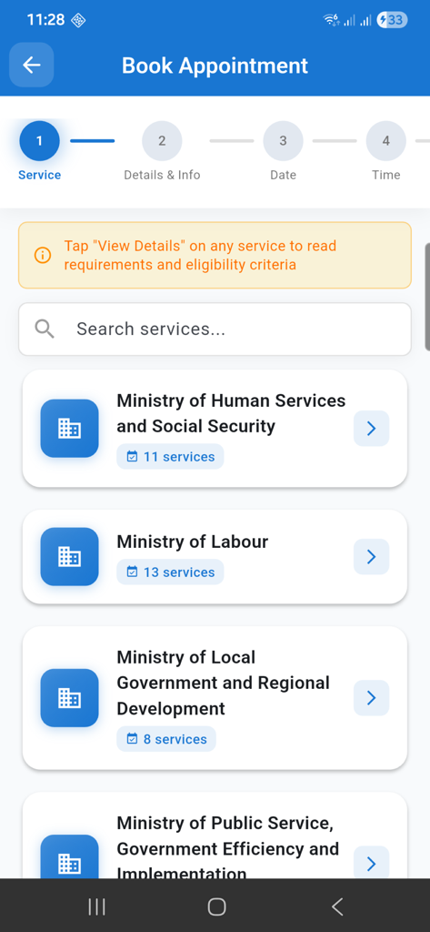 Pantalla de la aplicación GovConnect GY que muestra el paso 1 para reservar una cita con varios ministerios del gobierno de Guyana