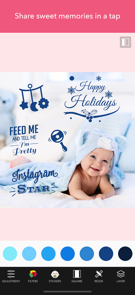 Pregnancy & Baby Milestone Art - Mobile app interface showing a baby photo decorated with holiday stickers and milestone typography.