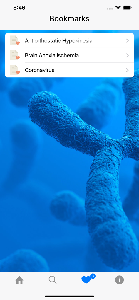 Medical Dictionary - English - Bookmarks page of the Medicopedia app showing saved medical definitions.