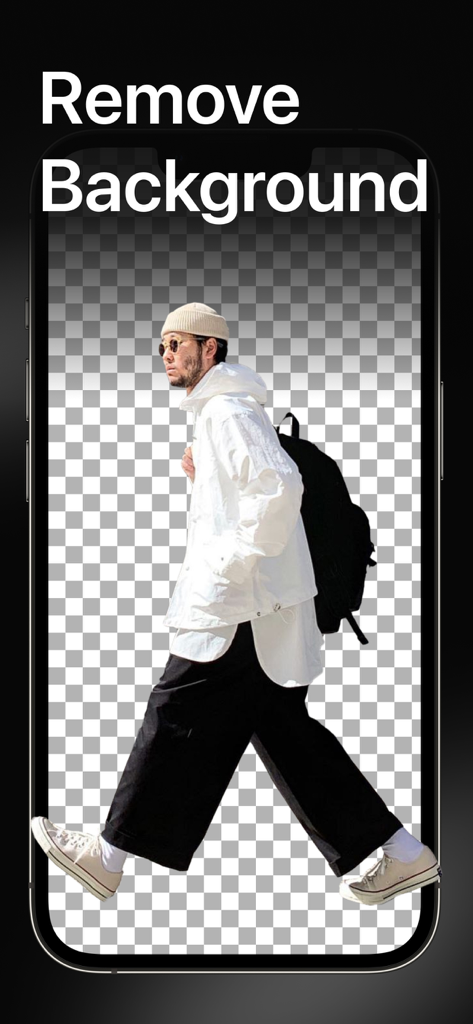 背景透過エディターアプリで背景が削除された人物を示すスマートフォンの画面