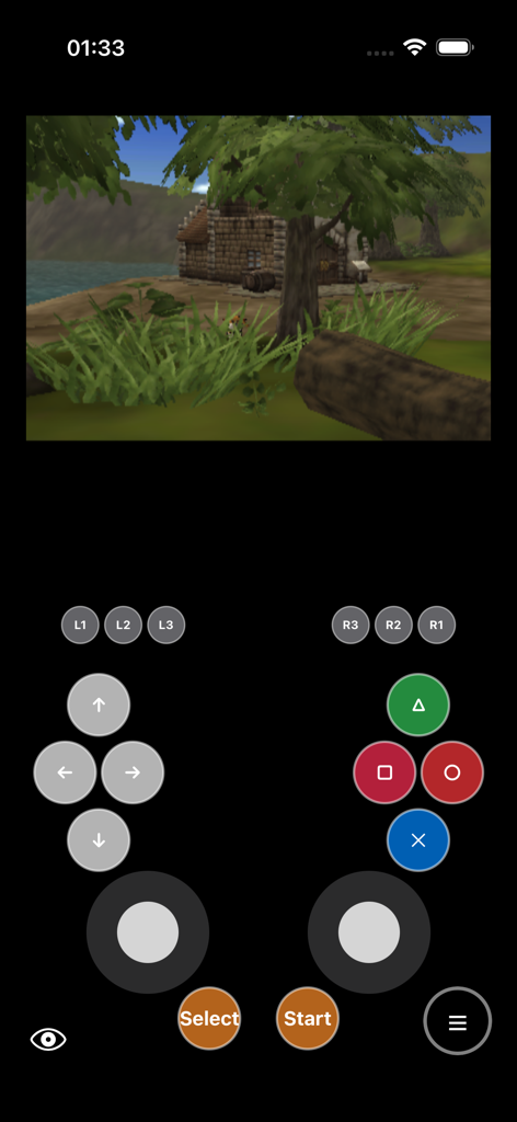 GamePlaytoo : PS2 Emulator - Interface of GamePlaytoo PS2 emulator on iPhone showing virtual controller buttons and a 3D game preview
