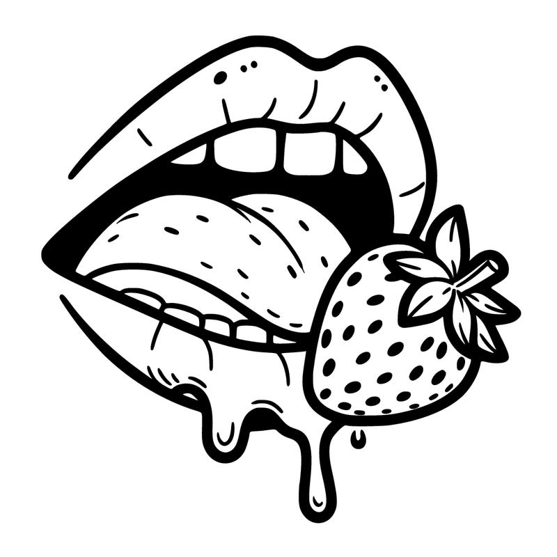 a mouth with a strawberry and it's mouth and it's biting it, a bit of juice dripping from the bottom lip