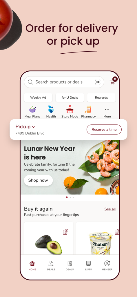 Safeway Deals & Delivery - Safeway mobile app home screen showing grocery delivery and pickup options with rewards and meal planning features.