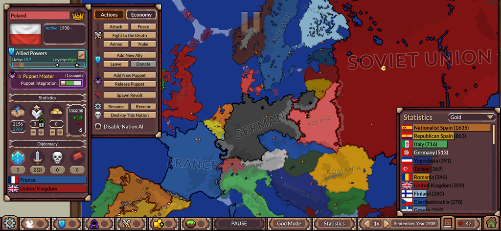 Ages of Conflict World War Sim - Una simulazione di mappa dell'Europa nel 1938 all'interno dell'app Ages of Conflict che mostra menu diplomatici e confini nazionali.