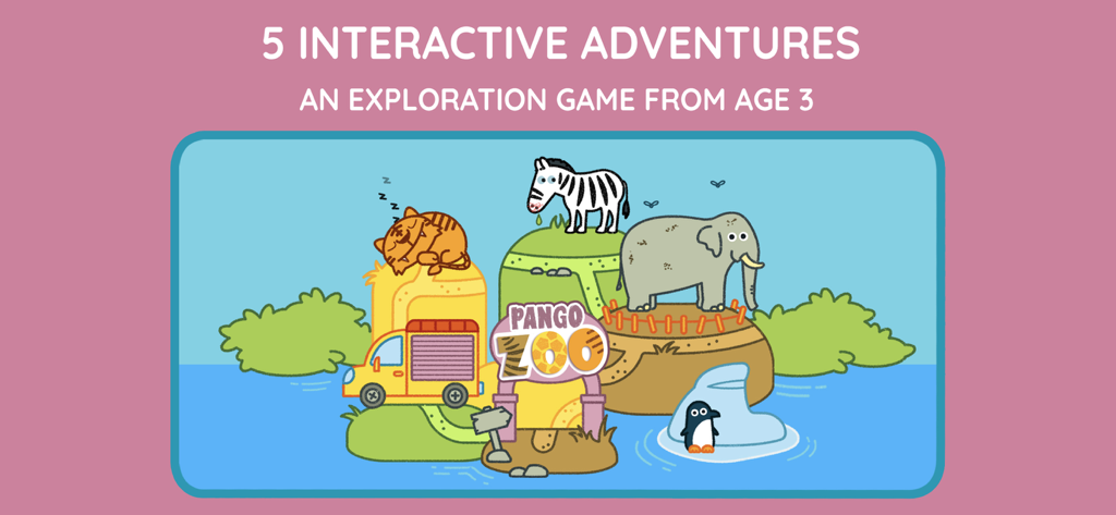 Tela do aplicativo Pango Zoo mostrando vários animais e 5 aventuras interativas para crianças.