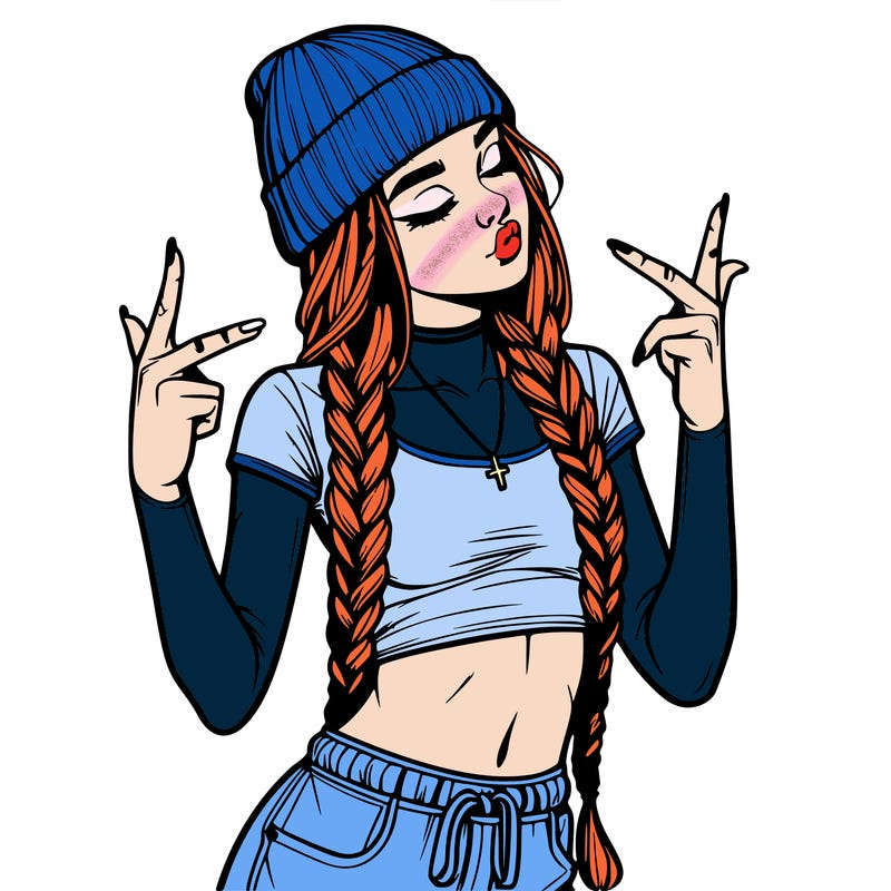 realistic teenage girl with braids and a beanie and crop top doing 🫶🏼