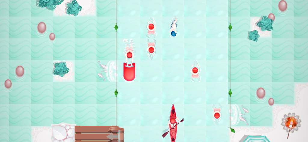 Top down gameplay of a pool puzzle level with a red kayak and swimmers