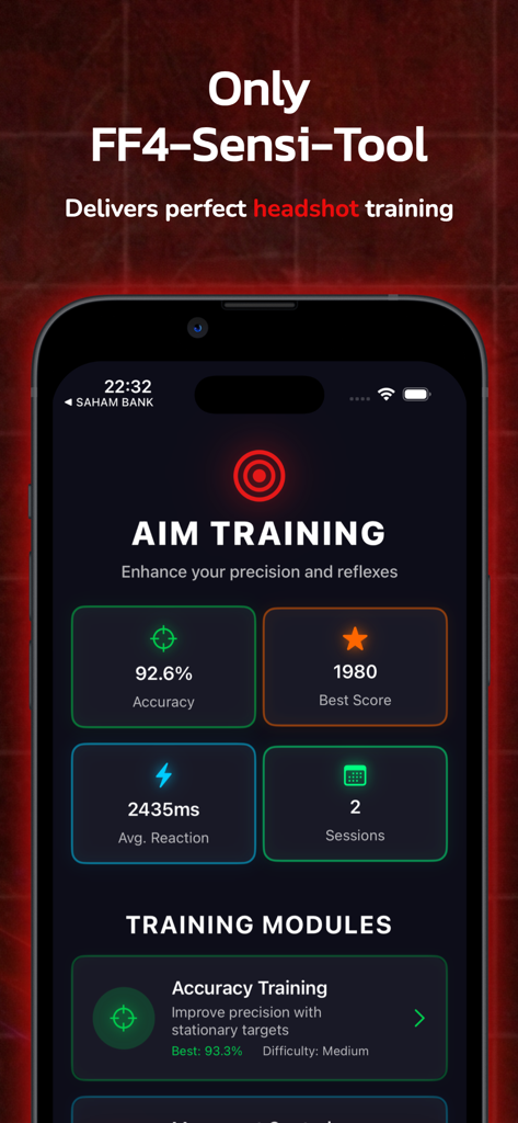 Headshot tool aim training dashboard displaying accuracy and reaction time statistics.